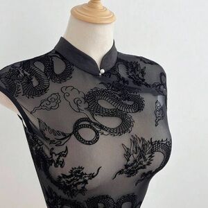 Black Sheer Dragon Embroidered Top